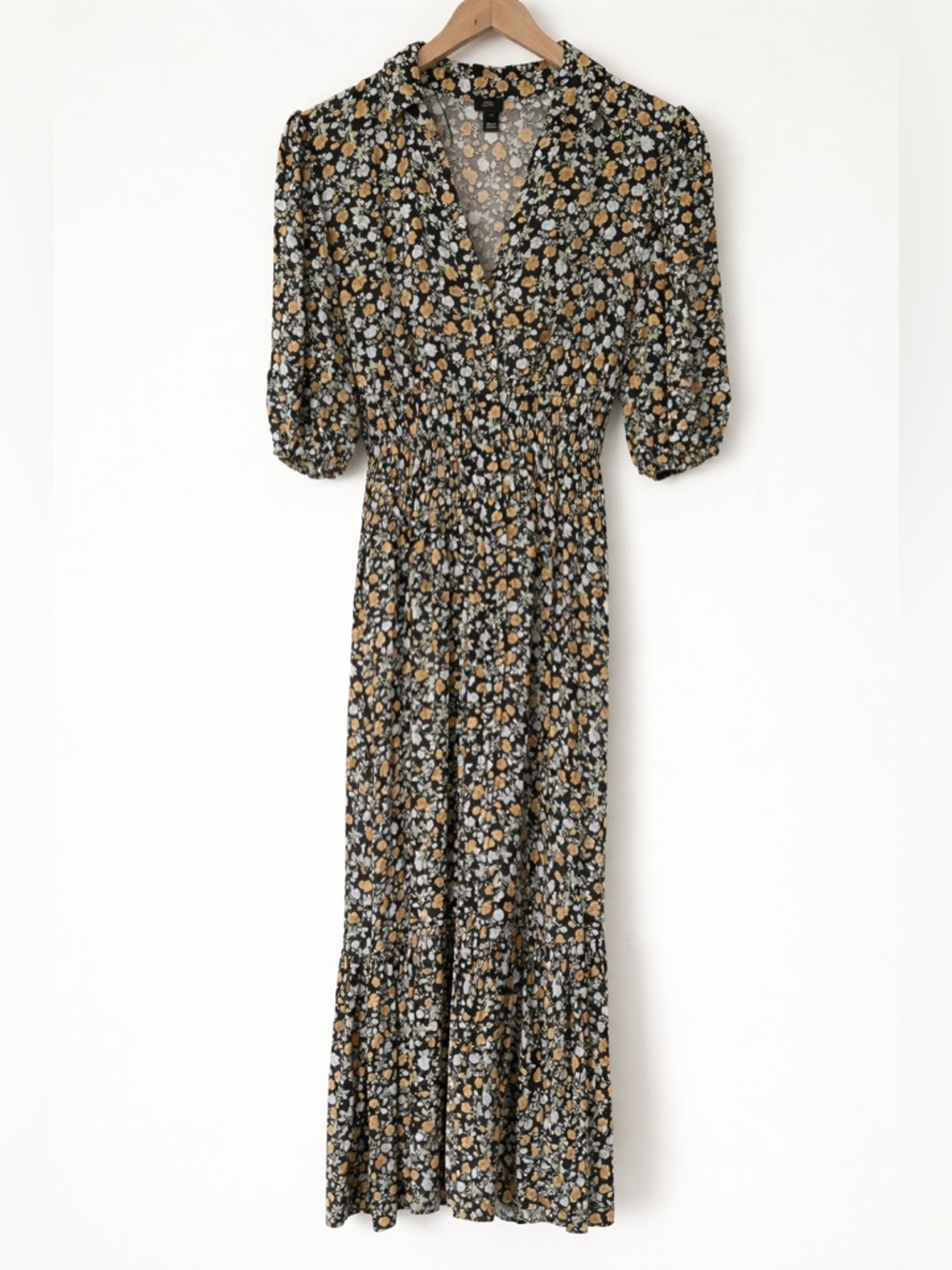 River Island Black Floral Maxi Dress Puff Sleeve Smocked Waist Cottagecore Flowy